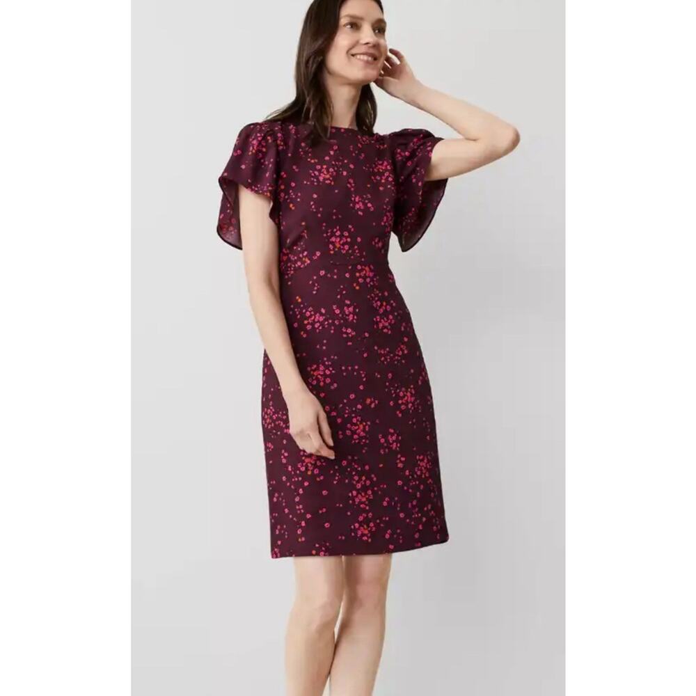 Ann Taylor Dress Burgundy Short Cap Sleeve Floral Sz 10 Career EUC